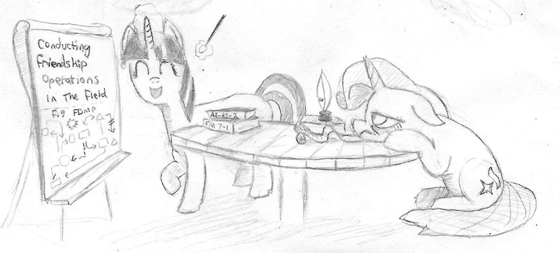 Size: 1243x563 | Tagged: safe, artist:t72b, derpibooru import, starlight glimmer, twilight sparkle, twilight sparkle (alicorn), alicorn, pony, book, bored, death by powerpoint, lecture, monochrome, newbie artist training grounds, sleepy, table, traditional art