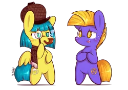 Size: 2480x1748 | Tagged: safe, artist:dsp2003, derpibooru import, oc, oc:ginger ale, oc:shibari, unofficial characters only, earth pony, pegasus, pony, blushing, bubble, chibi, clothes, detective, ear piercing, earring, female, frown, jewelry, male, nervous grin, piercing, pipe, scarf, simple background, soap bubble, style emulation, transparent background