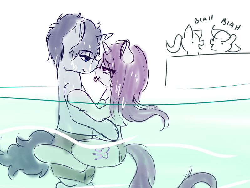 Size: 1280x962 | Tagged: questionable, artist:wickedsilly, derpibooru import, oc, oc:sleepy head, oc:wicked silly, unofficial characters only, pony, unicorn, bedroom eyes, clothes, couple, grinding, looking at each other, male, oc x oc, ponysona, sex, sex in the water, shipping, stealth sex, straight, swimming pool, swimsuit, under the surface, underwater, wickedsleepy
