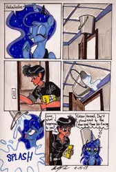 Size: 1024x1521 | Tagged: artist:newyorkx3, backfire, comic, derpibooru import, dialogue, human, oc, oc:tommy, prank, princess luna, safe, self insert, traditional art