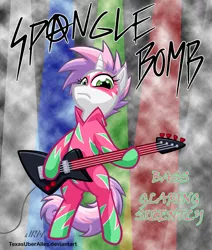 Size: 720x851 | Tagged: safe, artist:texasuberalles, derpibooru import, sweetie belle, pony, unicorn, bass guitar, cutie mark crusaders song, looking at you, metal, musical instrument, show stopper outfits, solo