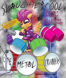 Size: 720x851 | Tagged: safe, artist:texasuberalles, derpibooru import, scootaloo, pegasus, pony, bongos, cutie mark crusaders song, cymbals, drum kit, drums, hollering, metal, microphone, musical instrument, show stopper outfits, solo