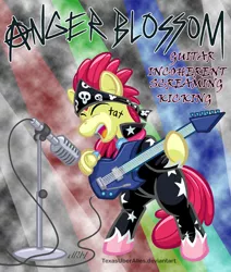 Size: 720x851 | Tagged: safe, artist:texasuberalles, derpibooru import, apple bloom, earth pony, pony, cutie mark crusaders song, eyes closed, guitar, metal, microphone, screaming, show stopper outfits, solo