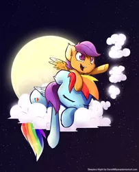 Size: 1024x1258 | Tagged: artist:davidmryan, backlighting, cloud, derpibooru import, rainbow dash, safe, scootaloo, scootalove, sleeping, surreal, zzz