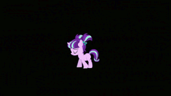 Size: 768x432 | Tagged: safe, derpibooru import, screencap, mulberry, starlight glimmer, turquoise (character), twilight sparkle, twilight sparkle (alicorn), unnamed pony, alicorn, pony, unicorn, the cutie re-mark, :t, animated, black background, bump, close-up, cute, eye contact, eye shimmer, eyes closed, female, filly, friends are always there for you, friendship, frown, gif, glimmerbetes, glowing horn, growing up, happy, lidded eyes, looking at each other, magic, mare, sad, sadlight glimmer, simple background, singing, smiling, turquoise, twiabetes, walking