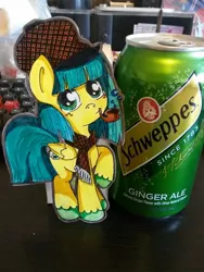 Size: 768x1024 | Tagged: safe, artist:gingerale, artist:gingerale2016, derpibooru import, oc, oc:ginger ale, unofficial characters only, pegasus, pony, bubble pipe, clothes, female, ginger ale, hat, irl, paper child, photo, pipe, raised hoof, scarf, schweppes, smiling, soap bubble, traditional art