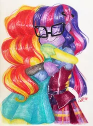 Size: 712x960 | Tagged: safe, artist:antych, derpibooru import, sci-twi, sunset shimmer, twilight sparkle, equestria girls, duo, eyes closed, hug, smiling, traditional art