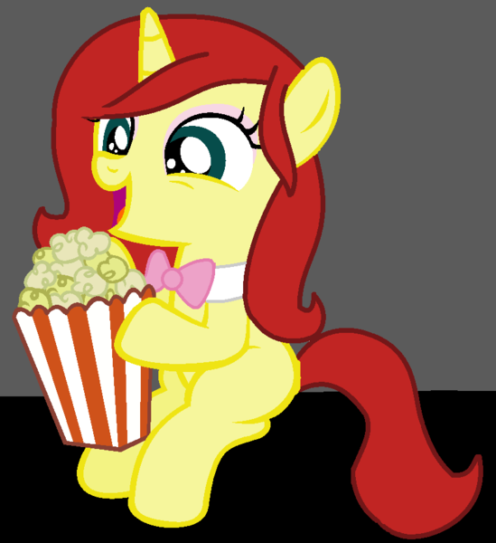 Size: 814x889 | Tagged: safe, artist:thefanficfanpony, derpibooru import, oc, oc:licorice whip, unofficial characters only, pony, unicorn, base used, food, offspring, open mouth, parent:flam, parent:fluttershy, parents:flutterflam, popcorn, sitting, smiling, solo