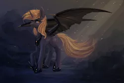 Size: 3000x1999 | Tagged: safe, artist:fly-gray, derpibooru import, derpy hooves, alicorn, bat pony, bat pony alicorn, pony, alicornified, alternate cutie mark, bat wings, crepuscular rays, epic derpy, nightmare derpy, race swap, solo, spread wings, windswept mane