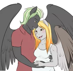 Size: 707x687 | Tagged: anthro, anthro oc, artist:askbubblelee, derpibooru import, female, husband and wife, male, oc, oc:dove (askbubblelee), oc:smokescreen, oc x oc, pregnant, safe, shipping, straight, unofficial characters only