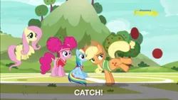 Size: 1598x899 | Tagged: safe, derpibooru import, official, screencap, applejack, fluttershy, pinkie pie, rainbow dash, earth pony, pegasus, pony, buckball season, bottomless, clothes, discovery family logo, partial nudity, pinktails pie, subtitles