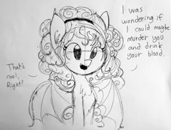 Size: 1280x972 | Tagged: safe, artist:tjpones, derpibooru import, oc, unofficial characters only, bat pony, pony, vampire, vampony, adoracreepy, black and white, bronybait, chest fluff, creepy, cute, dialogue, grayscale, lineart, looking at you, monochrome, question, solo, talking to viewer, this will end in death, this will end in murder, traditional art