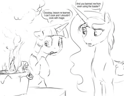 Size: 1280x989 | Tagged: safe, artist:silfoe, derpibooru import, princess luna, twilight sparkle, twilight sparkle (alicorn), alicorn, pony, other royal book, black and white, dialogue, female, grayscale, kitchen, lesbian, mare, monochrome, pot, shipping, simple background, sketch, speech bubble, twiluna, white background