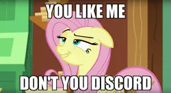 Size: 1436x784 | Tagged: safe, derpibooru import, edit, edited screencap, screencap, fluttershy, pegasus, pony, dungeons and discords, caption, discovery family logo, face, image macro, implied discoshy, just one bite, lidded eyes, meme, smug, smugshy, solo, spongebob squarepants