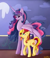 Size: 2150x2500 | Tagged: safe, artist:mailner, derpibooru import, sunset shimmer, twilight sparkle, twilight sparkle (alicorn), alicorn, pony, unicorn, duo, female, mare, older, older twilight, size difference, ultimate twilight