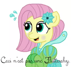 Size: 640x600 | Tagged: alternate color palette, artist:ficficponyfic, clothes, color, colored, color edit, colt, colt quest, crossdressing, derpibooru import, dress, edit, edited edit, eyeshadow, femboy, flower, flower in hair, fluttershy, foal, french, makeup, male, nervous, not fluttershy, oc, oc:emerald jewel, recolor, rené magritte, safe, shoes, solo, text, translated in the description, trap