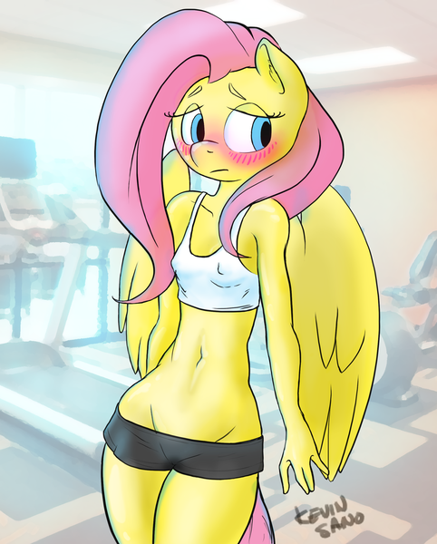 Size: 2029x2525 | Tagged: questionable, artist:kevinsano, artist:mrponeswildride, color edit, derpibooru import, edit, fluttershy, anthro, aroused, belly button, blushing, braless, breasts, cameltoe, clothes, colored, delicious flat chest, embarrassed, erect nipples, female, flattershy, midriff, nipple outline, shorts, sports bra, workout, workout outfit
