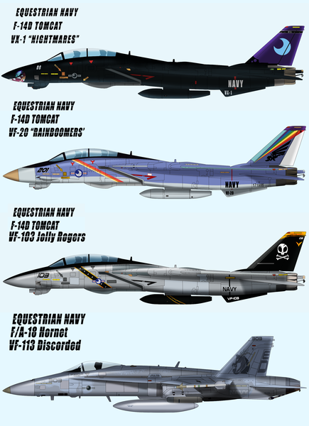 Size: 2000x2756 | Tagged: artist:ruhisu, camouflage, concept, derpibooru import, discord, f-14 tomcat, f/a-18 hornet, jet, jet fighter, jolly roger, navy, nightmare moon, no pony, obligatory pony, plane, rainbow dash, safe, skull, squadron, wip