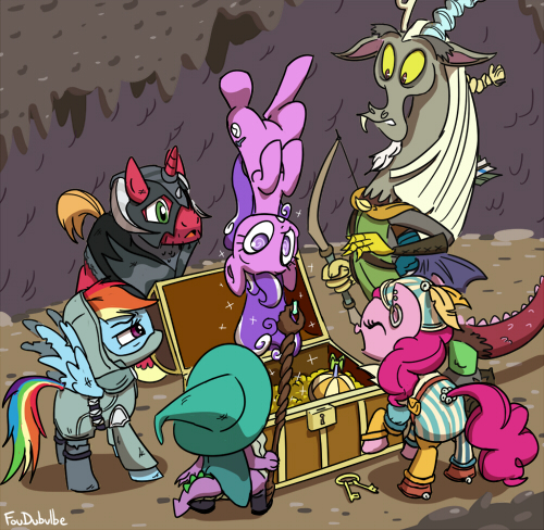 Size: 500x488 | Tagged: safe, artist:foudubulbe, derpibooru import, big macintosh, discord, pinkie pie, rainbow dash, screwball, spike, draconequus, dragon, earth pony, pegasus, pony, unicorn, dungeons and discords, armor, arrow, bard, bard pie, belt, bow (weapon), bow and arrow, captain wuzz, cave, clothes, dungeons and dragons, eyes closed, fantasy class, garbuncle, hat, key, male, ogres and oubliettes, open mouth, pants, race swap, rainbow rogue, rogue, roleplaying, sir mcbiggen, staff, stallion, treasure chest, unicorn big mac, upside down, wizard hat