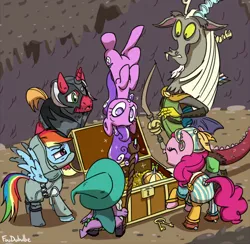 Size: 500x488 | Tagged: safe, artist:foudubulbe, derpibooru import, big macintosh, discord, pinkie pie, rainbow dash, screwball, spike, draconequus, dragon, earth pony, pegasus, pony, unicorn, dungeons and discords, armor, arrow, bard, bard pie, belt, bow (weapon), bow and arrow, captain wuzz, cave, clothes, dungeons and dragons, eyes closed, fantasy class, garbuncle, hat, key, male, ogres and oubliettes, open mouth, pants, race swap, rainbow rogue, rogue, roleplaying, sir mcbiggen, staff, stallion, treasure chest, unicorn big mac, upside down, wizard hat