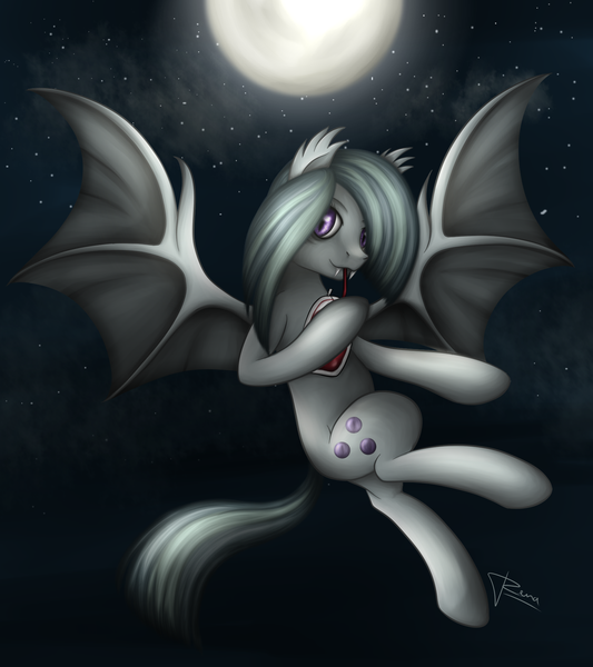 Size: 1600x1800 | Tagged: semi-grimdark, artist:puggie, derpibooru import, marble pie, bat pony, pony, vampony, blood, flying, moon, moonlight, night, race swap, solo, stars