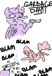 Size: 628x924 | Tagged: safe, artist:nobody, derpibooru import, pinkie pie, twilight sparkle, twilight sparkle (alicorn), alicorn, earth pony, pony, dead, death, garbage day, gun, murder, silent night deadly night, sketch, weapon, x eyes