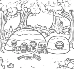 Size: 640x600 | Tagged: safe, artist:ficficponyfic, derpibooru import, colt quest, bush, camp, cart, door, forest, house, monochrome, pony in description, story included, tree, wagon, window, wood