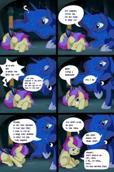 Size: 2280x3427 | Tagged: safe, artist:pridark, derpibooru import, part of a set, princess luna, oc, oc:ebony crescent, bat pony, pony, comic:new world, bowing, canterlot, comic, commission, cowering, dialogue, duo, eyes closed, floppy ears, frown, one eye closed, open mouth, part of a series, prone, question mark, raised hoof, sad, scared, shivering, sitting, smiling, speech bubble, underhoof, wink