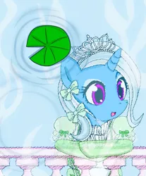 Size: 1187x1436 | Tagged: safe, artist:avchonline, derpibooru import, trixie, pony, unicorn, bow, canterlot royal ballet academy, clothes, cropped, cute, diatrixes, dress, female, hair bow, jewelry, lilypad, mare, open mouth, reflection, solo, tiara