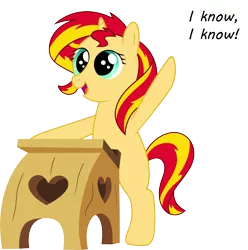 Size: 5019x5069 | Tagged: safe, artist:sugar-loop, derpibooru import, sunset shimmer, pony, unicorn, absurd resolution, back to school, bipedal, cute, daaaaaaaaaaaw, desk, dialogue, exclamation point, filly, filly sunset shimmer, hilarious in hindsight, hnnng, newbie artist training grounds, open mouth, raised hoof, shimmerbetes, smiling, solo, speech bubble, younger