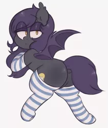 Size: 1406x1669 | Tagged: suggestive, artist:toroitimu, derpibooru import, oc, oc:doozy, unofficial characters only, bat pony, pony, clothes, featureless crotch, looking at you, looking back, plot, simple background, socks, solo, striped socks, white background