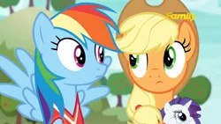 Size: 1000x563 | Tagged: applejack, buckball season, derpibooru import, discovery family logo, edit, edited screencap, meme, rainbow dash, rariball, safe, screencap