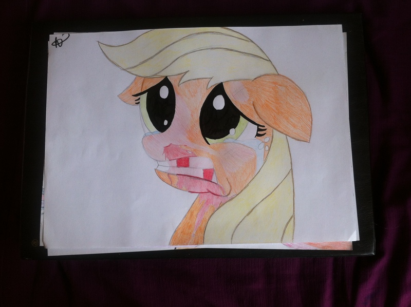 Size: 2592x1936 | Tagged: grimdark, artist:pika-beetch, derpibooru import, applejack, pony, smile hd, abuse, bust, crying, female, jackabuse, mare, solo, tears of pain