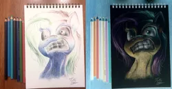 Size: 1500x777 | Tagged: artist:tsitra360, colored pencil drawing, derpibooru import, dungeons and discords, inverted colors, irl, opposite fluttershy, photo, safe, signature, sketchpad, solo, traditional art
