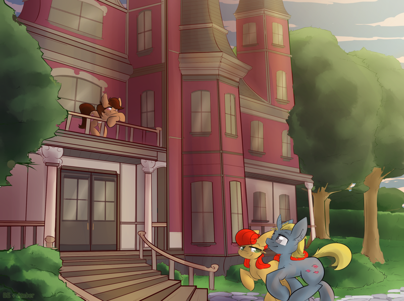 Size: 3000x2232 | Tagged: safe, artist:bbsartboutique, derpibooru import, oc, oc:amber fawn, oc:ginger spice, oc:sterling silver, unofficial characters only, earth pony, pony, unicorn, balcony, building, exterior, illustration, nsfw site, outdoors, scenery, tree, victorian