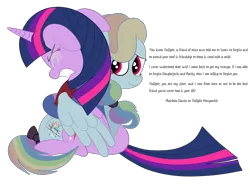 Size: 2592x1936 | Tagged: safe, artist:squipycheetah, derpibooru import, rainbow dash, twilight sparkle, twilight sparkle (alicorn), alicorn, pony, the count of monte rainbow, alternate color palette, alternate eye color, alternate hairstyle, alternate universe, bow, clothes, comforting, comforting twilight, crossover, crying, cute, dialogue, duo, edmond dantes, floppy ears, folded wings, forgiveness, friendship, friendshipping, gritted teeth, happy, hug, looking back, mondego, monsparkle, quote, rainbow dantes, reassurance, simple background, sitting, smiling, tail bow, tears of joy, teeth, text, the count of monte cristo, transparent background, vector, vest, winghug