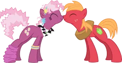 Size: 6836x3572 | Tagged: safe, artist:ispincharles, derpibooru import, big macintosh, cheerilee, earth pony, pony, 80s, 80s cheerilee, boop, bracelet, cheerimac, jewelry, leg warmers, male, nose wrinkle, noseboop, nuzzling, shipping, simple background, smiling, stallion, straight, transparent background, vector, younger