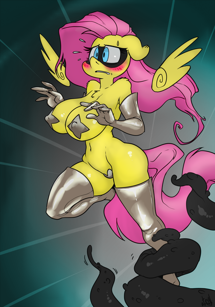 Size: 2987x4267 | Tagged: anthro, artist:atryl edits, artist:mrponeswildride, big breasts, blushing, breasts, busty fluttershy, clothes, costume, derpibooru import, edit, erect nipples, evening gloves, female, fluttershy, gloves, imminent sex, i've seen enough hentai to know where this is going, latex, long gloves, maebari, mask, nipple outline, pasties, questionable, shiny, socks, superhero, surprised, tentacles, thigh highs, titty vixen