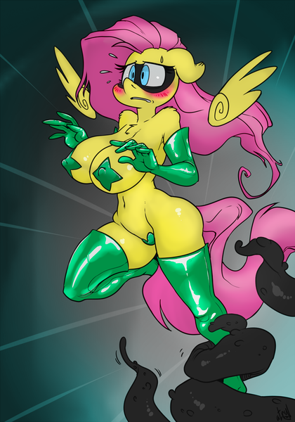 Size: 2987x4267 | Tagged: anthro, artist:atryl edits, artist:mrponeswildride, belly button, big breasts, blushing, breasts, busty fluttershy, clothes, costume, derpibooru import, edit, erect nipples, evening gloves, female, fluttershy, gloves, imminent sex, i've seen enough hentai to know where this is going, latex, long gloves, maebari, mask, nipple outline, pasties, questionable, shiny, socks, superhero, surprised, tentacles, thigh highs, titty vixen