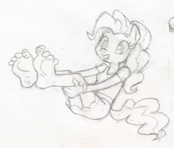 Size: 540x460 | Tagged: anthro, artist:dertikleen, barefoot, body writing, clothes, cute, derpibooru import, feet, female, foot fetish, foot focus, grayscale, monochrome, pinkie pie, plantigrade anthro, safe, sitting, skirt, solo, toes, traditional art