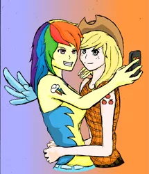 Size: 1551x1800 | Tagged: safe, artist:kyriena, derpibooru import, applejack, rainbow dash, human, appledash, female, humanized, lesbian, shipping