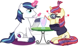 Size: 1024x614 | Tagged: safe, artist:saturnstar14, derpibooru import, moondancer, shining armor, pony, unicorn, bendy straw, crush, dreamy, drinking straw, eating, food, glowing horn, heart, ice cream, image, magic, milkshake, moonshining, one sided shipping, png, shiningdancer, simple background, starboarding, telekinesis, transparent background, unrequited