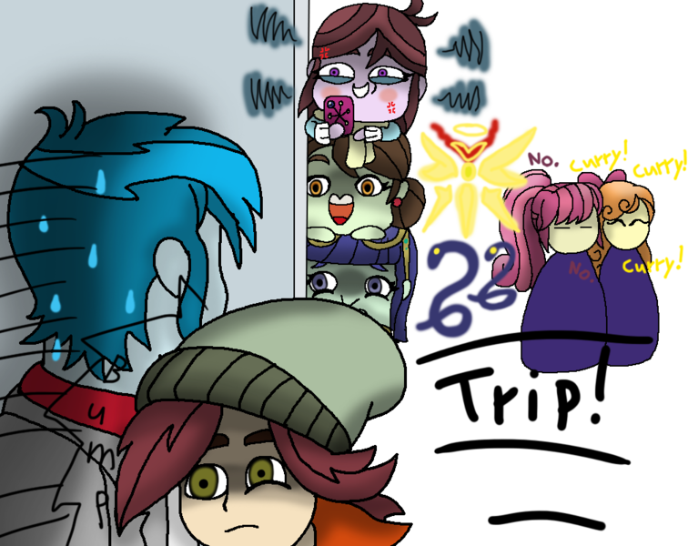 Size: 1008x800 | Tagged: safe, artist:pokecure123, derpibooru import, blueberry cake, diwata aino, normal norman, orange sherbette, sophisticata, thunderbass, velvet sky, equestria girls, background human, chloe commons, gay, impending doom, male, naomi nobody, normbass, overwatch, trace