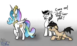 Size: 1500x900 | Tagged: suggestive, artist:darkvulpes, artist:e_dubina, derpibooru import, princess celestia, oc, oc:belle lettres, oc:darkvulpes, earth pony, pony, collaboration, facial hair, plot, risk, smirk, sneaking, sunbutt, text, this will end in pain, this will end in tears and/or a journey to the moon