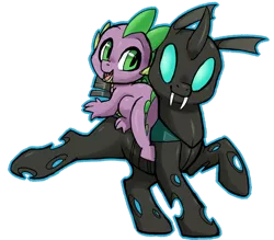 Size: 1024x896 | Tagged: artist:amphleur-de-lys, changeling, cute, derpibooru import, dragon, dragons riding changelings, raised hoof, safe, smiling, spike, the times they are a changeling, thorax