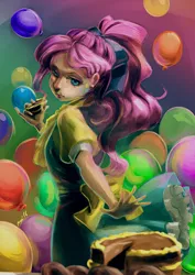 Size: 1024x1448 | Tagged: artist:torisakura, cake, derpibooru import, food, human, humanized, pinkie pie, ponytail, safe, solo