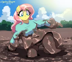 Size: 1390x1200 | Tagged: anthro, artist:willisrisque, clothes, derpibooru import, fluttershy, mud, safe, solo, squishy, squooshy, unbalanced, wet and messy