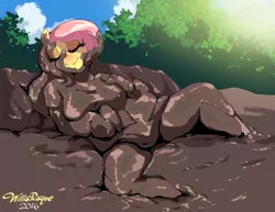 Size: 1600x1234 | Tagged: anthro, artist:willisrisque, clothes, derpibooru import, eyes closed, fluttershy, mud, mud bath, relaxing, smiling, solo, squishy, squooshy, suggestive, wet and messy