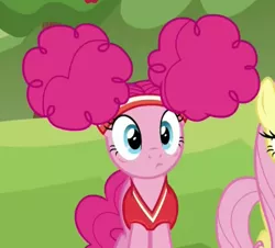 Size: 426x385 | Tagged: safe, derpibooru import, screencap, fluttershy, pinkie pie, earth pony, pegasus, pony, buckball season, alternate hairstyle, bottomless, clothes, cute, diapinkes, female, mare, partial nudity, pinktails pie