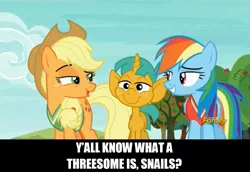 Size: 1277x881 | Tagged: suggestive, derpibooru import, edit, edited screencap, screencap, applejack, rainbow dash, snails, earth pony, pegasus, pony, unicorn, buckball season, colt, discovery family logo, female, image macro, implied foalcon, implied group sex, implied sex, implied threesome, lucky bastard, male, mare, meme, snails gets all the mares, straight, straight shota